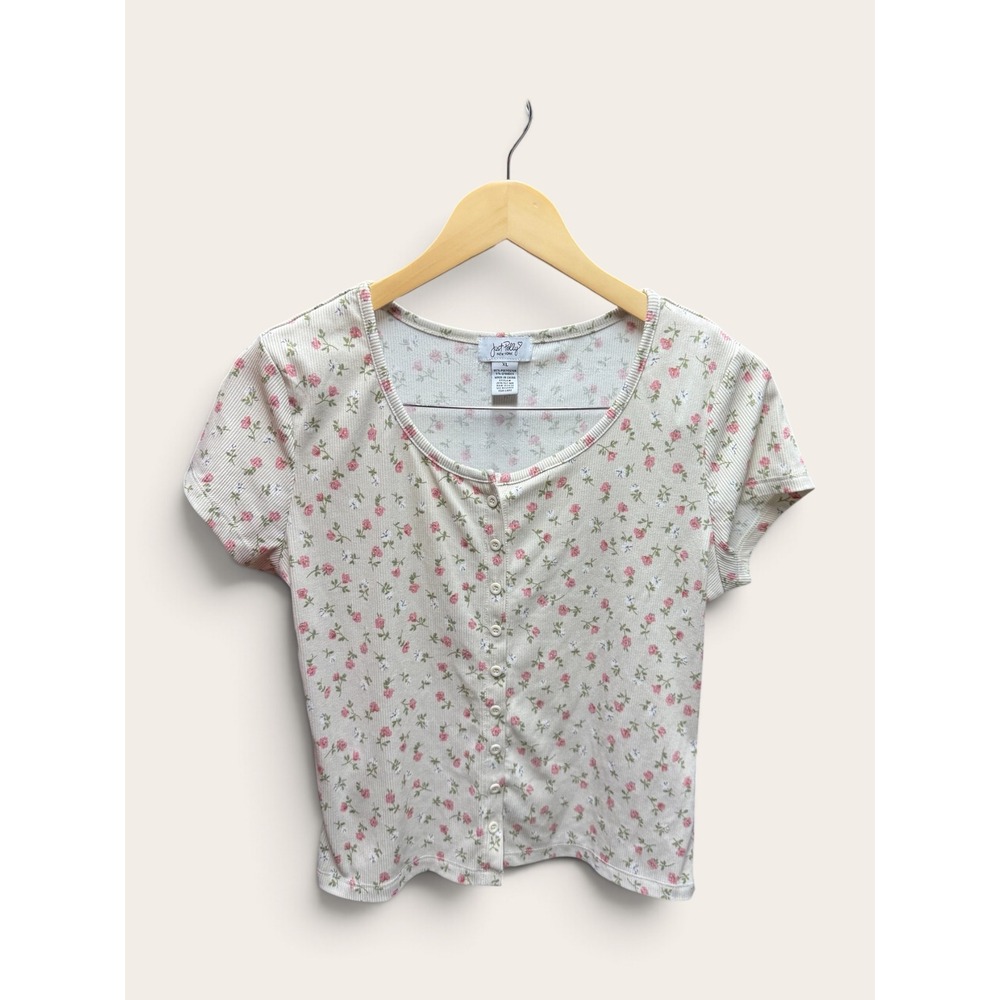 Just Polly Floral Ribbed Cropped Button Down Top Oatmeal Pink XL JK16761-MA
